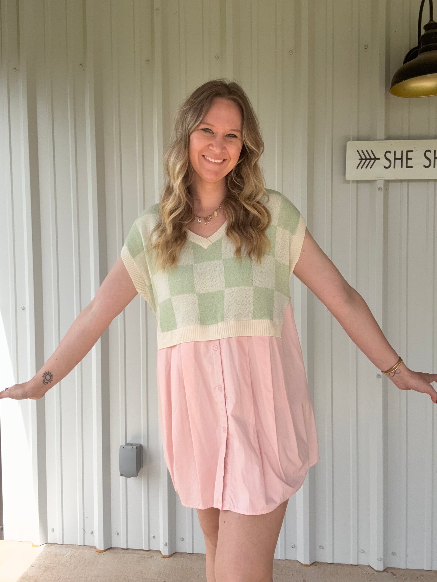 Sage checkered sweater top dress