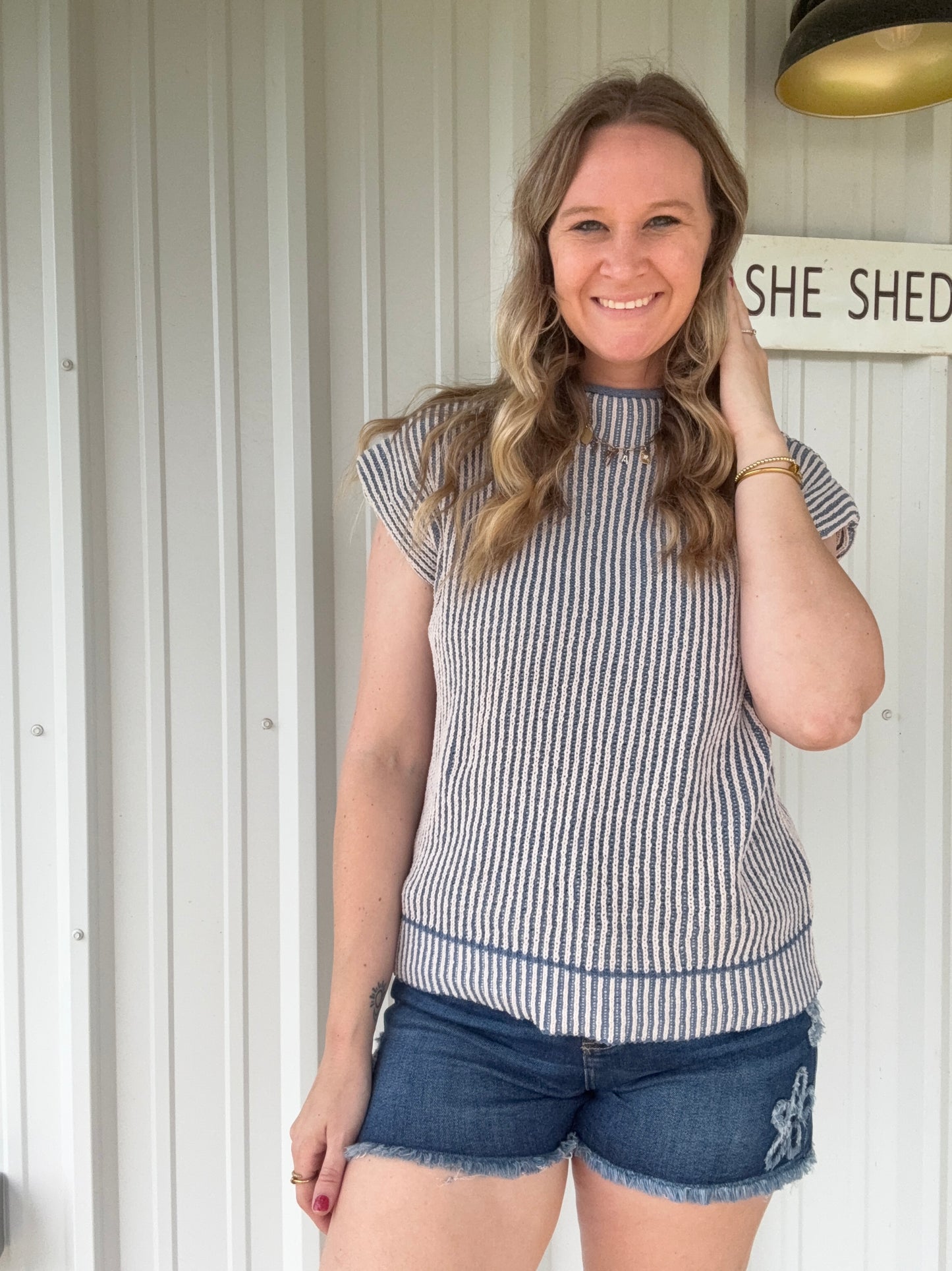 Blue Ribbed Mock Neck Top
