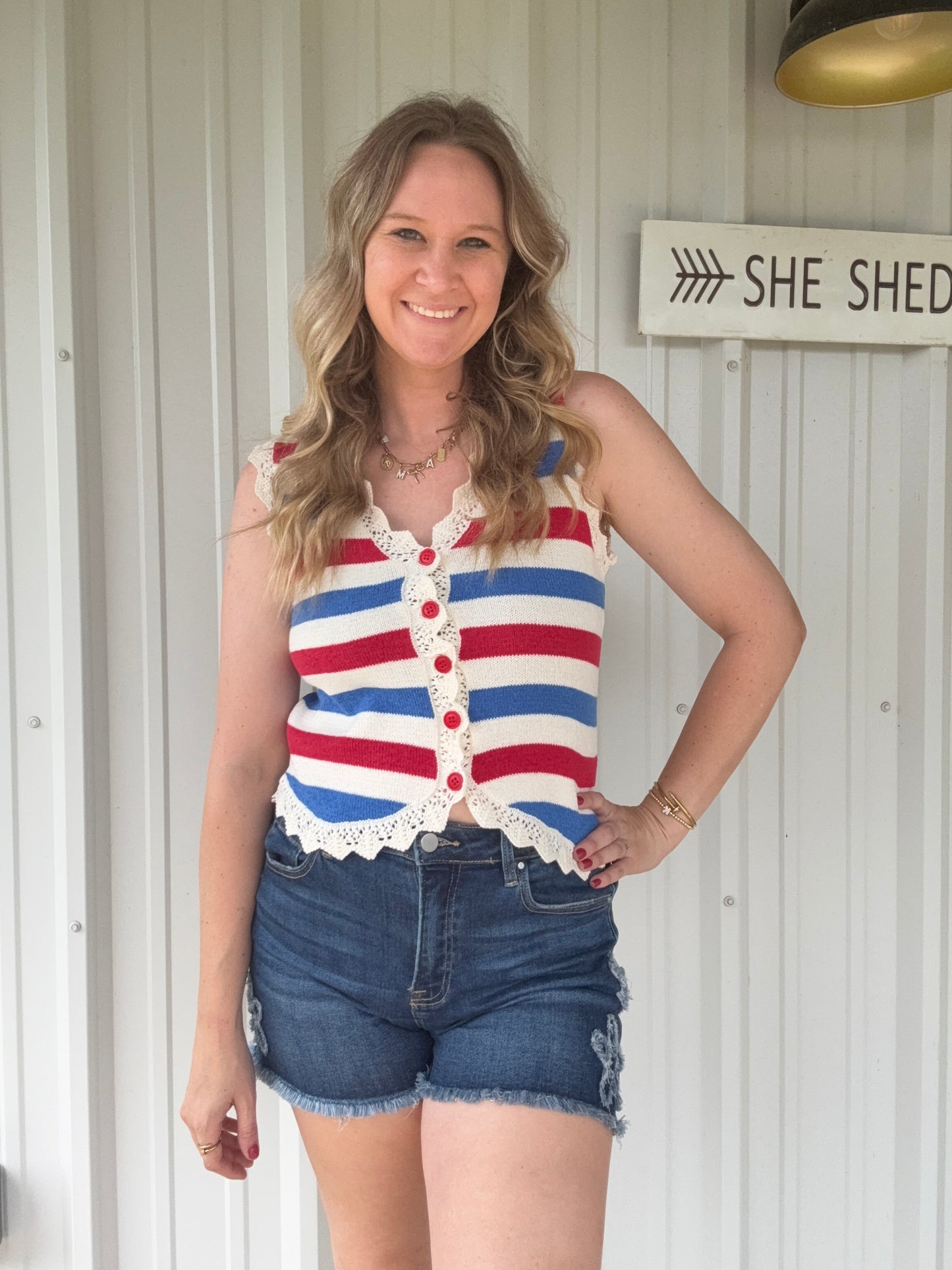 Red and Blue Stripe Lace Vest
