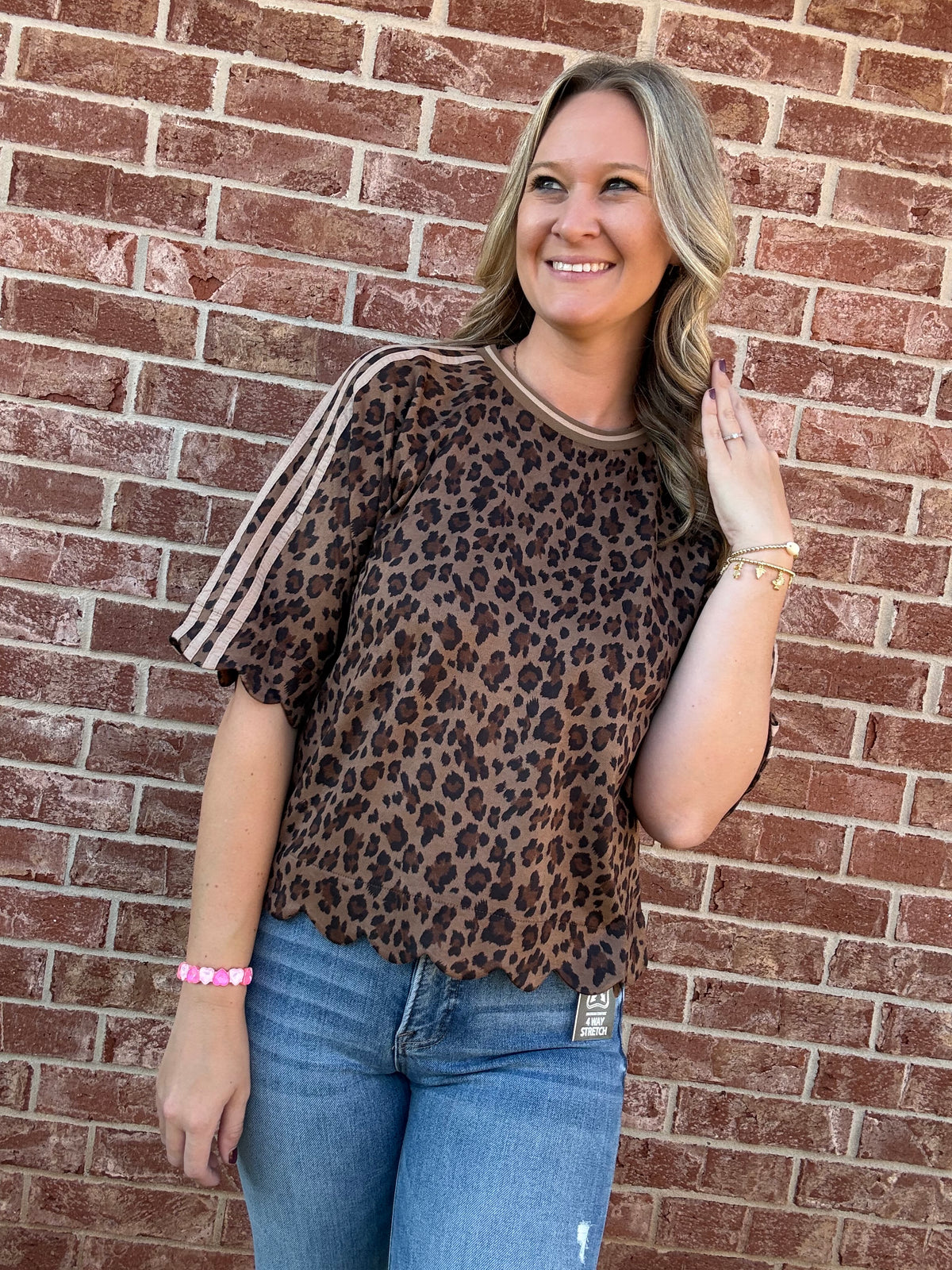 Cheetah Scallop Top with Brown Trim
