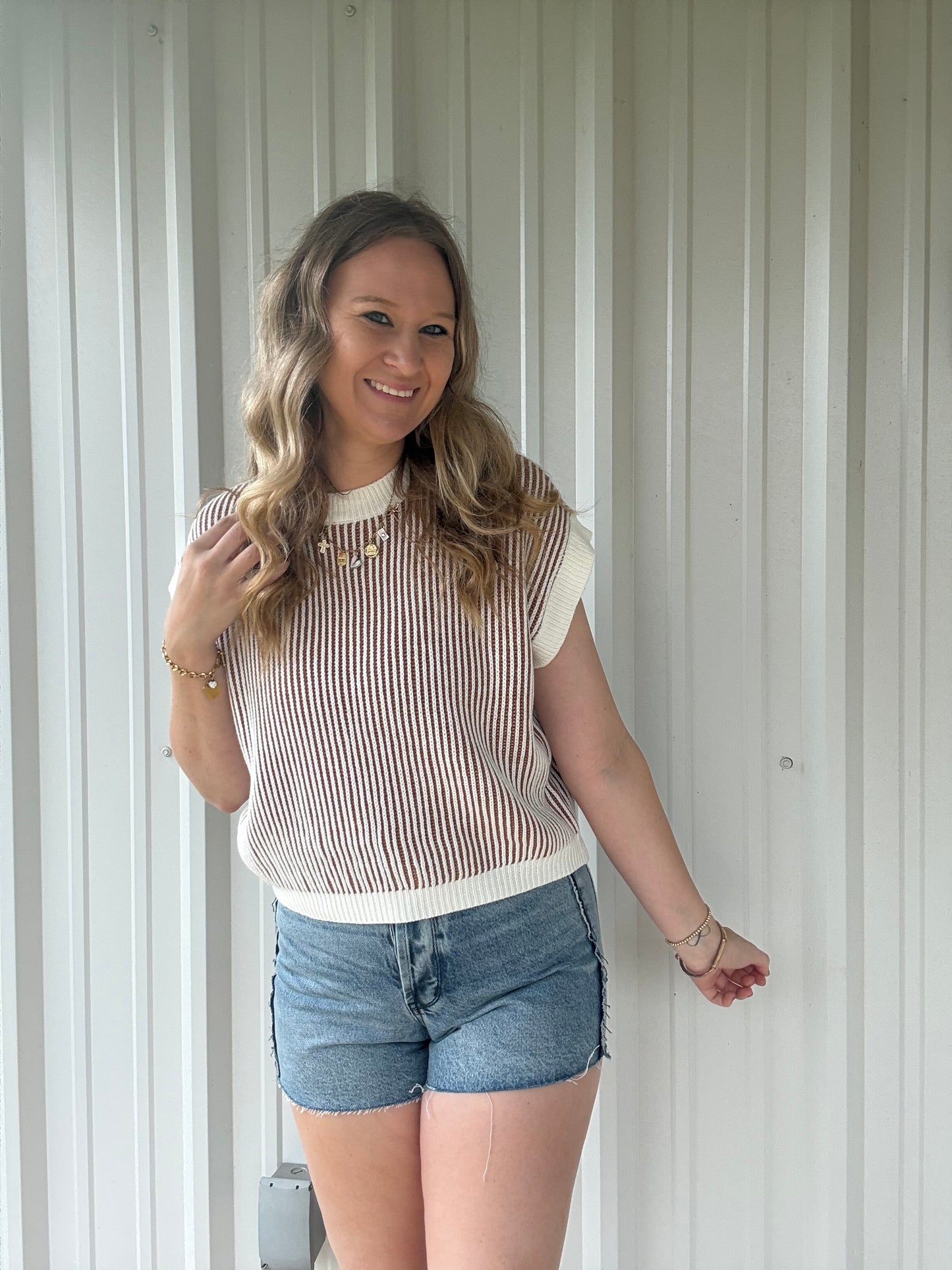 White and Brown Striped Sweater