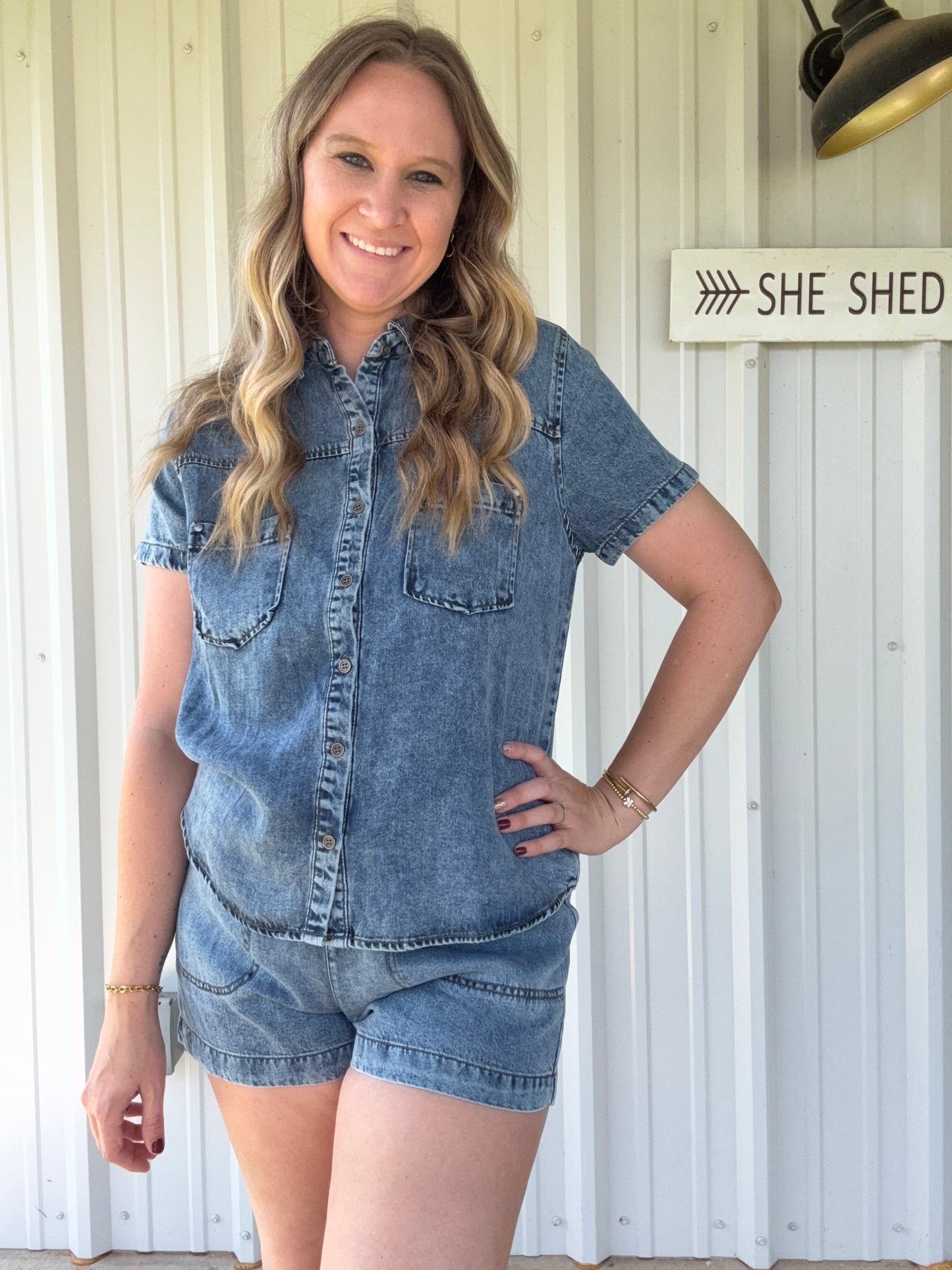 Denim Button Up short set