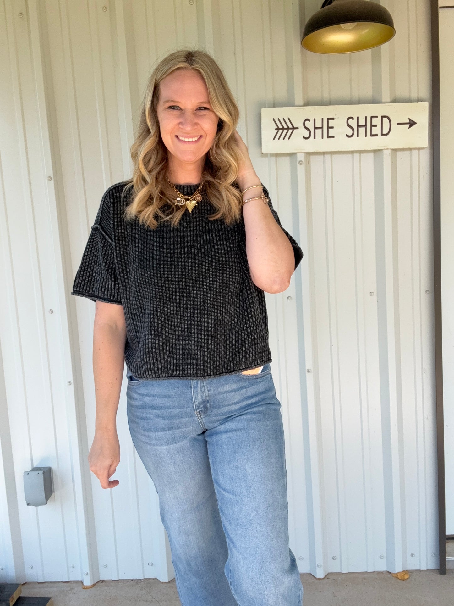 Charcoal short sleeve ribbed sweater
