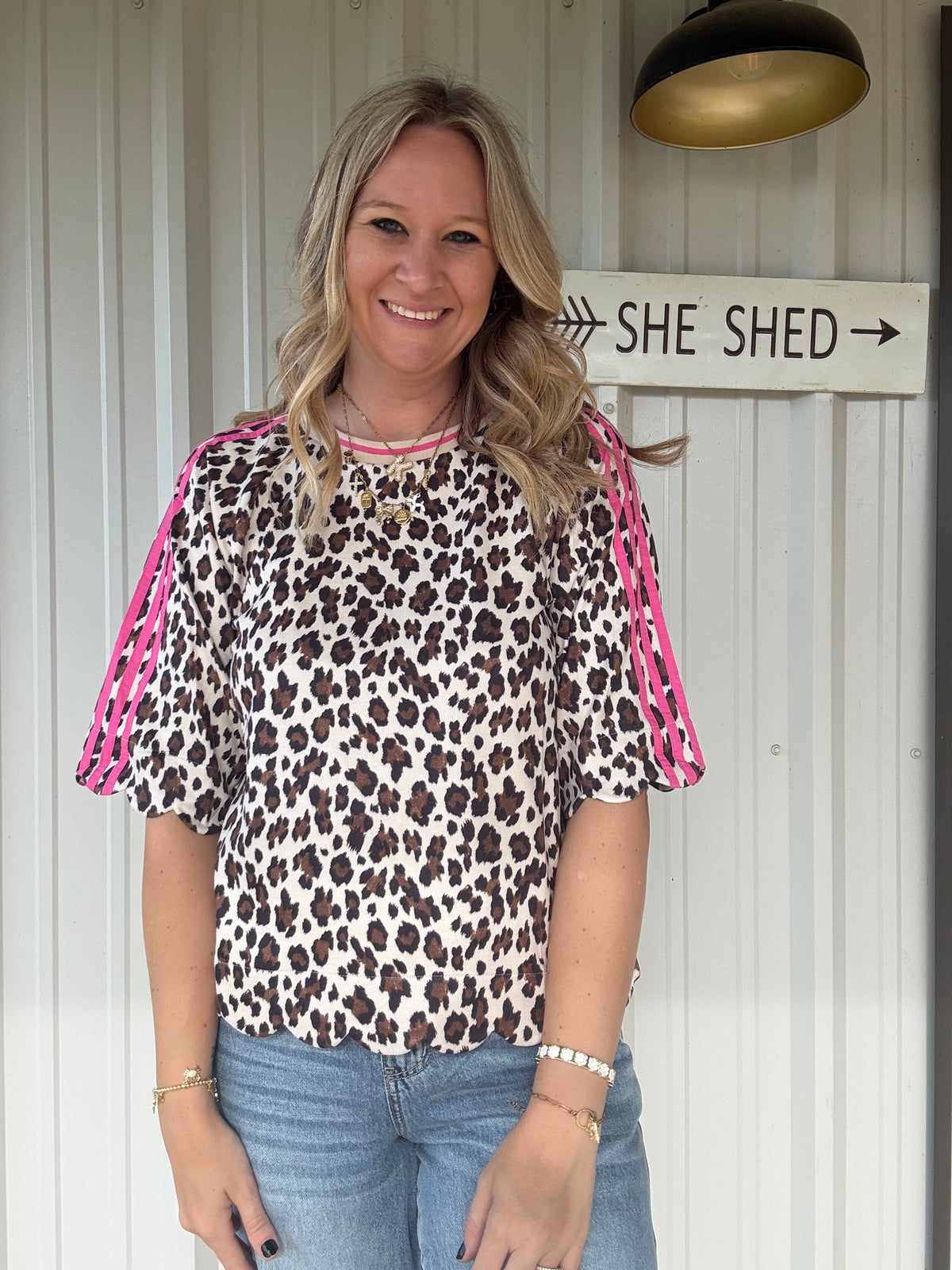 Cheetah Scallop Top with Pink Trim