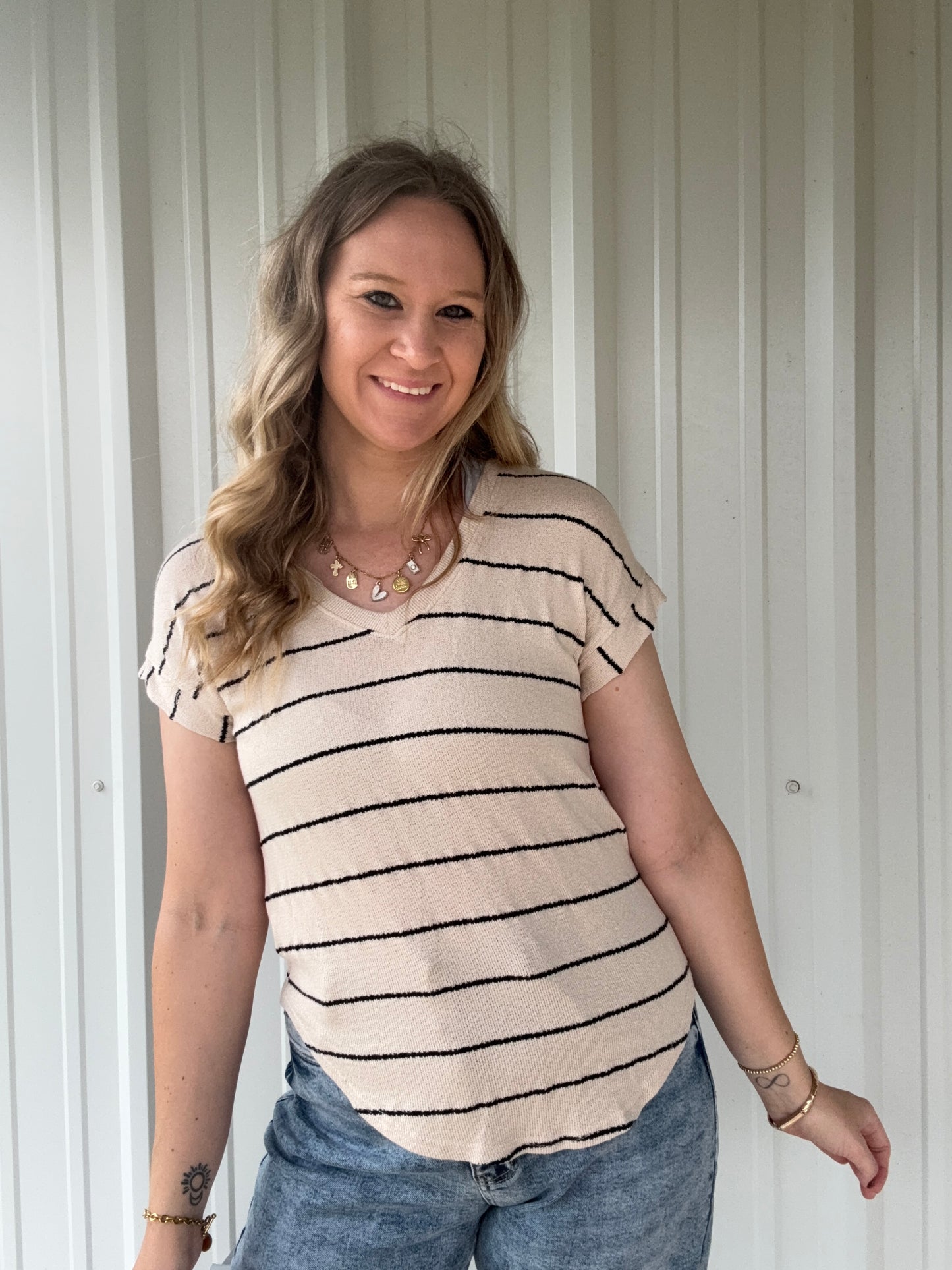 Brown and Black Stripe V Neck