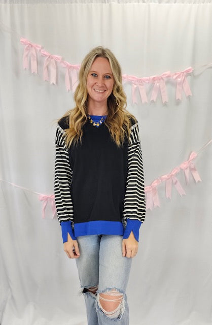 Striped Sleeve Sweatshirt-Black and Blue