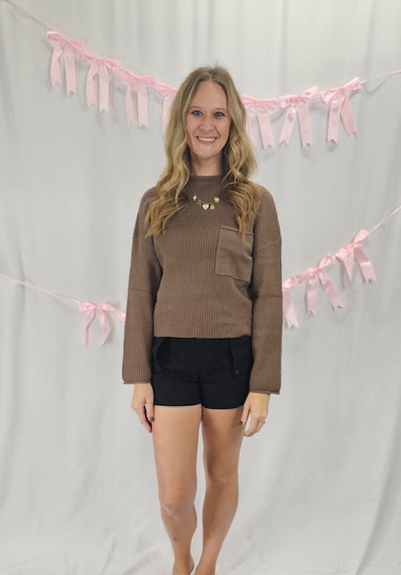 Brown Pocket Long Sleeve Sweater