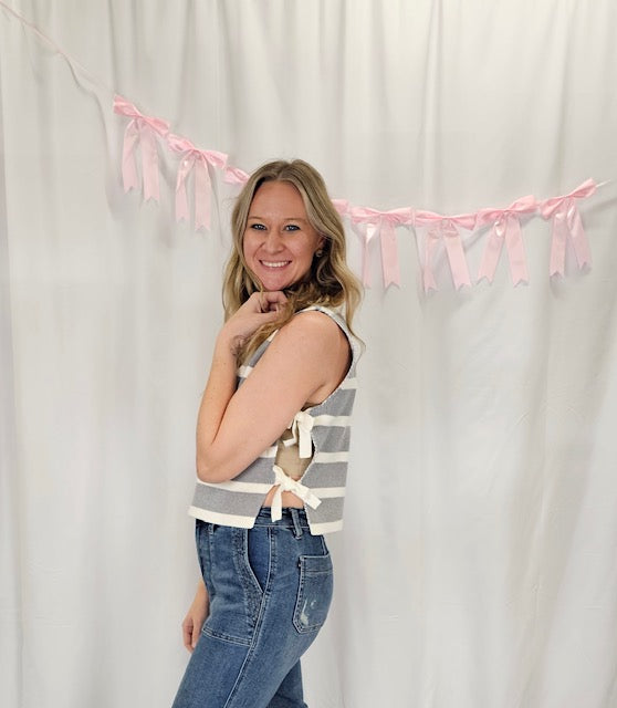 Grey Stripe Side Tie Top