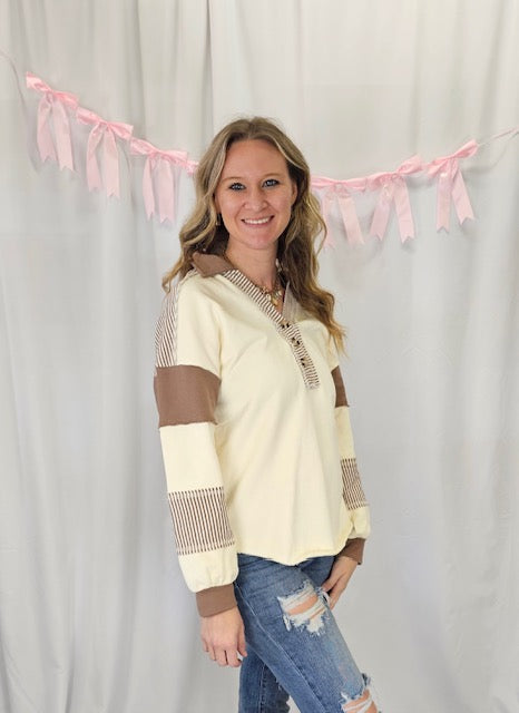 Brown Striped Sleeve Collar Top
