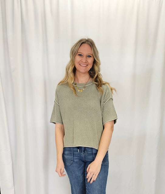Olive short sleeve ribbed sweater