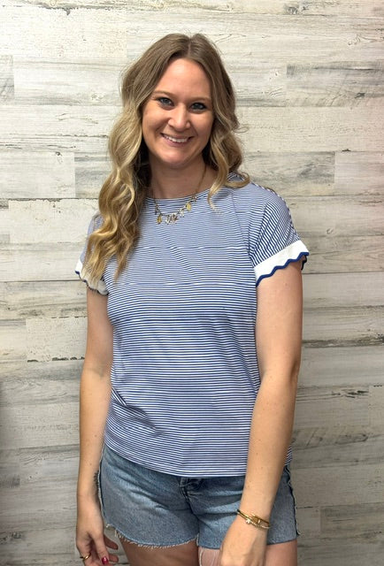 Blue Striped Frill Sleeve Top