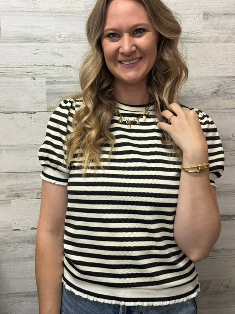 Black Striped Frill Sleeve Top