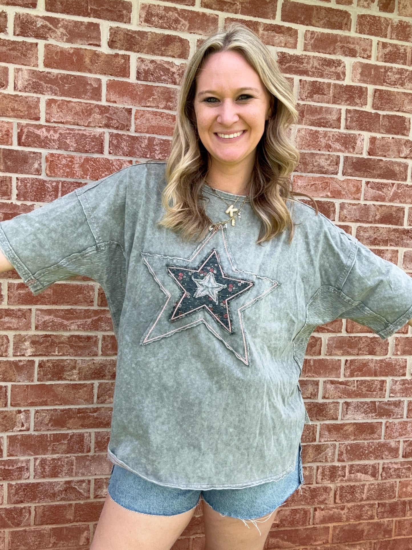 Patchwork Star Top- Gray