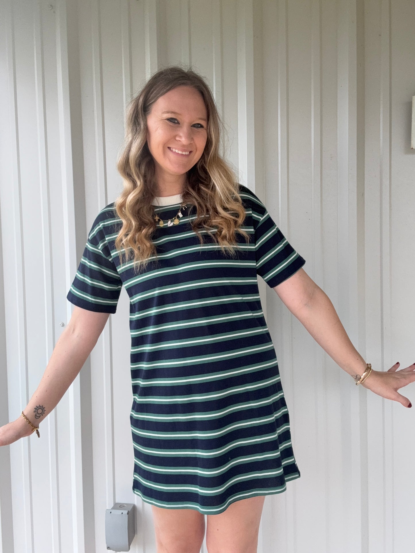 Green and Navy Striped T shirt dress