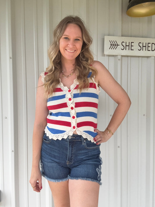 Red and Blue Stripe Lace Vest