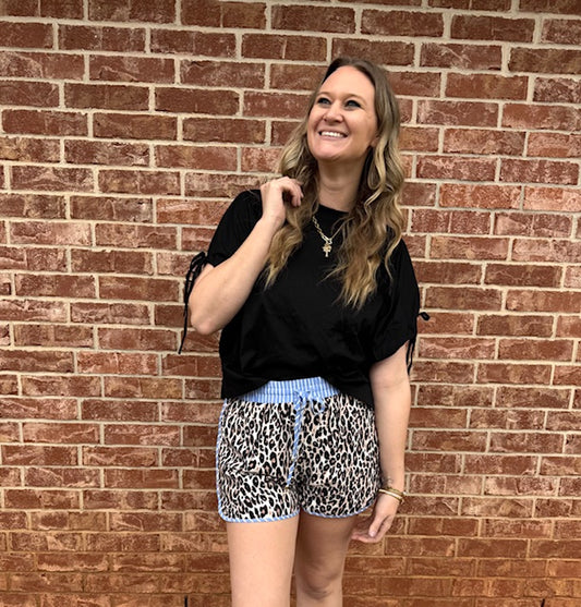 Blue Trim Detail Leopard Shorts