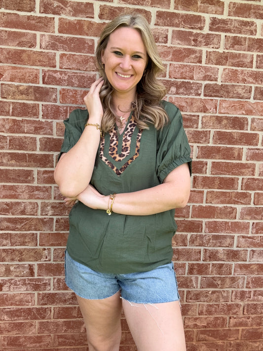 Olive Leopard Dolman sleeve top