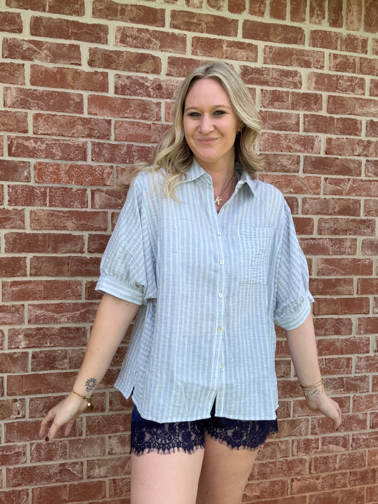 Denim Linen button up striped top