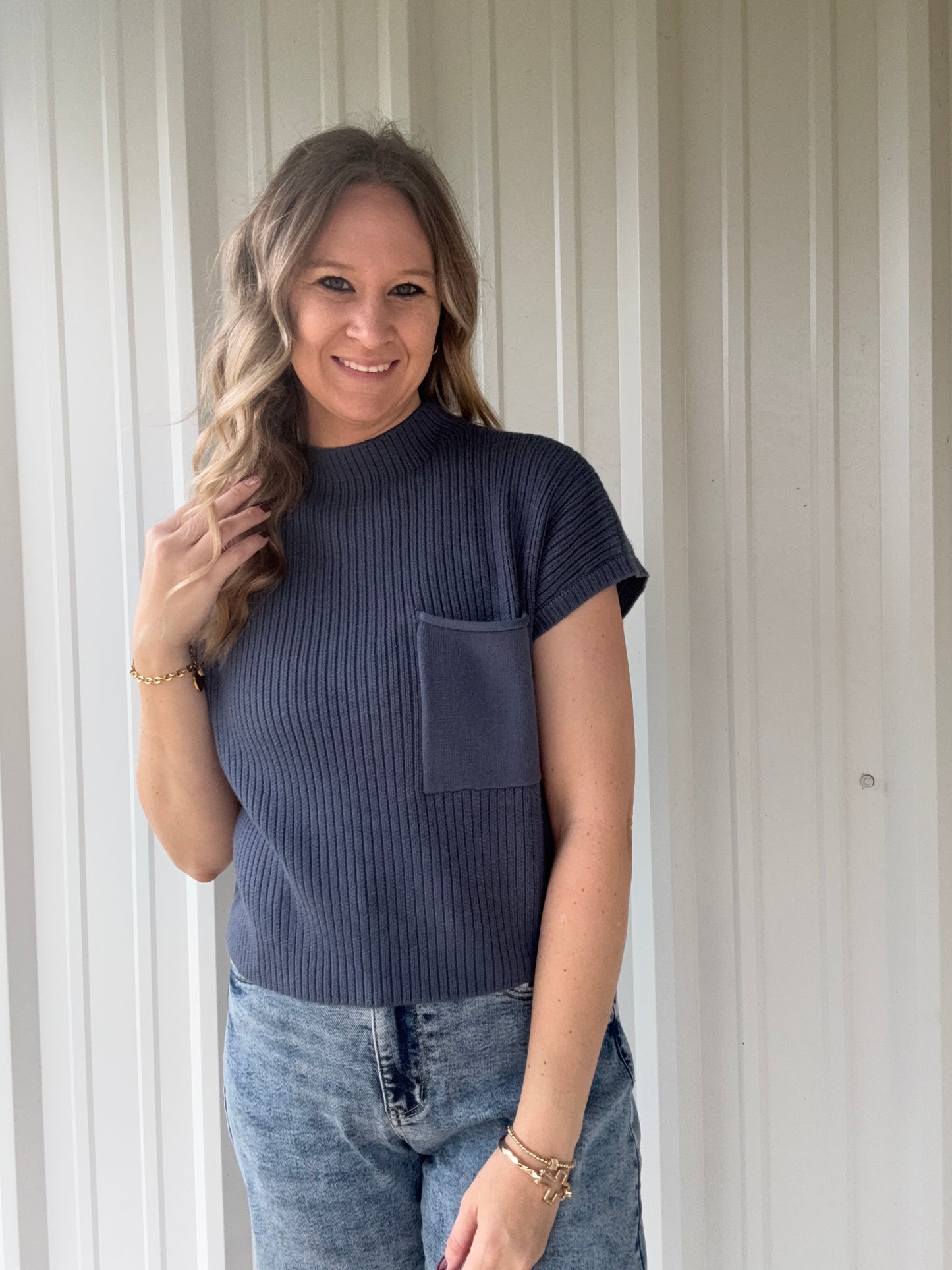 Blue Pocket Mock Neck Top
