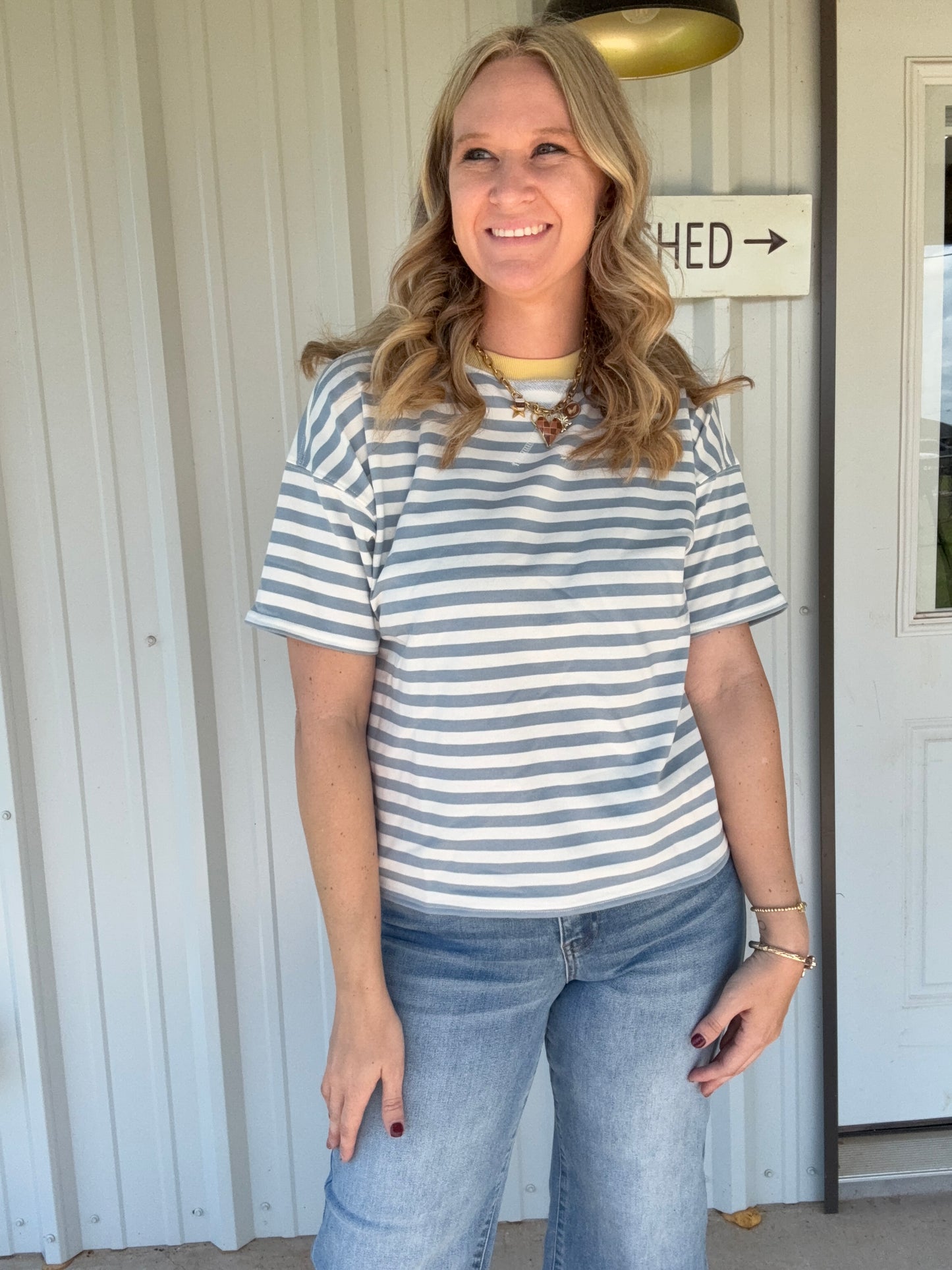 Blue Striped Top with Yellow Trim