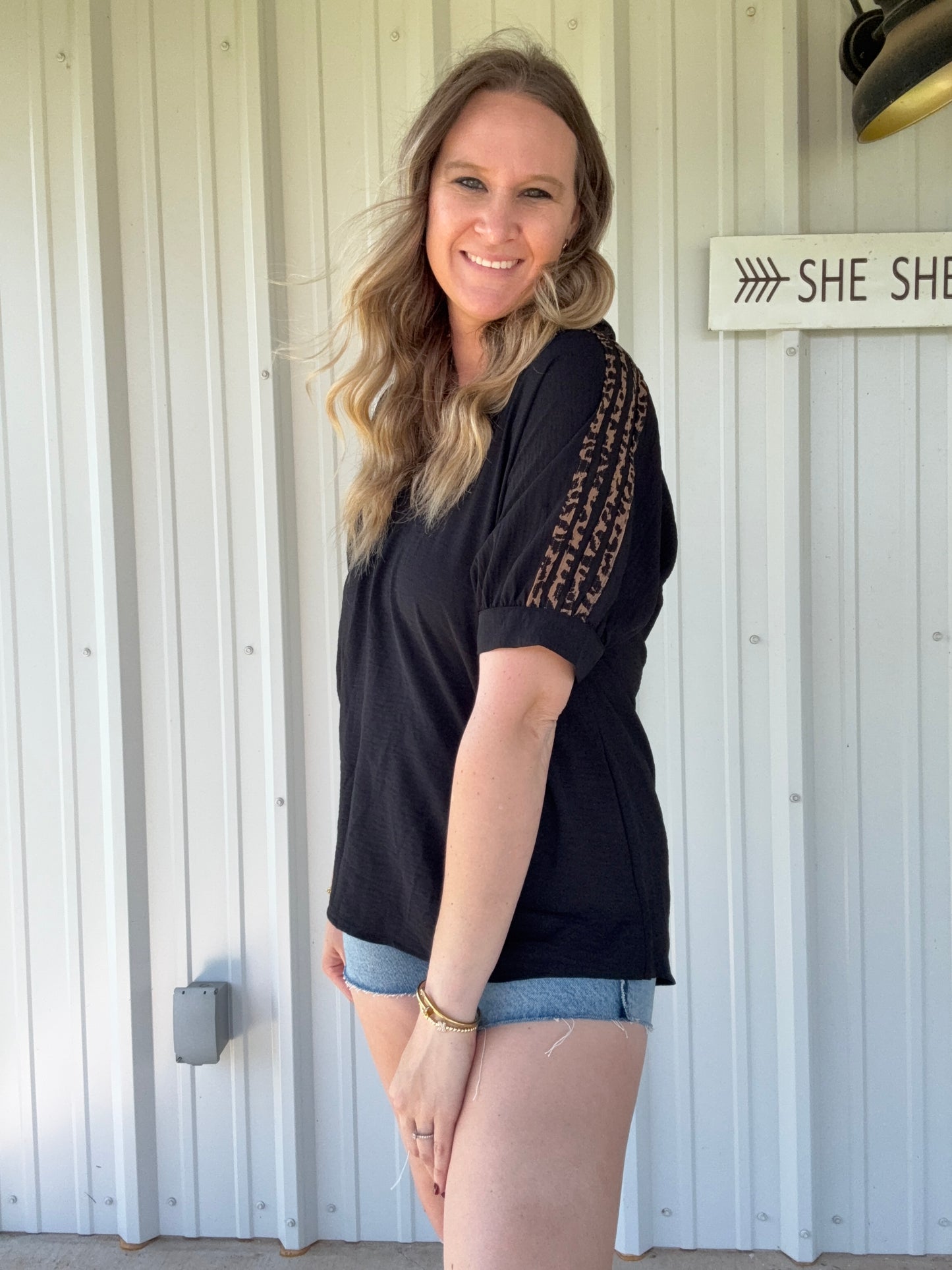 Black Blouse with Cheetah Sleeve