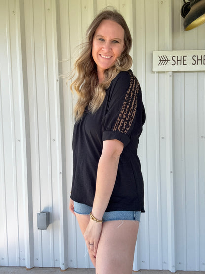 Black Blouse with Cheetah Sleeve