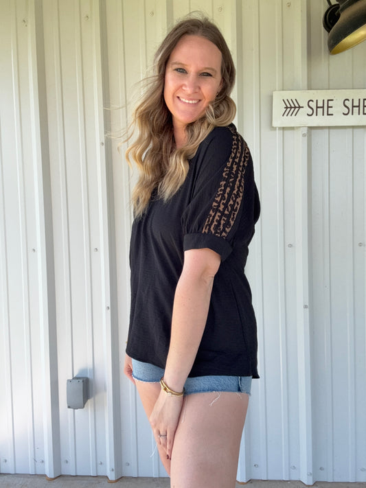 Black Blouse with Cheetah Sleeve