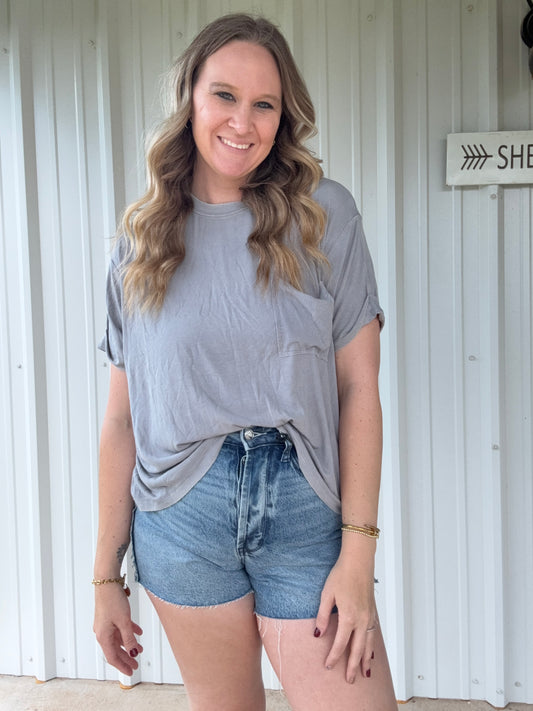 Gray Ribbed Pocket Tee