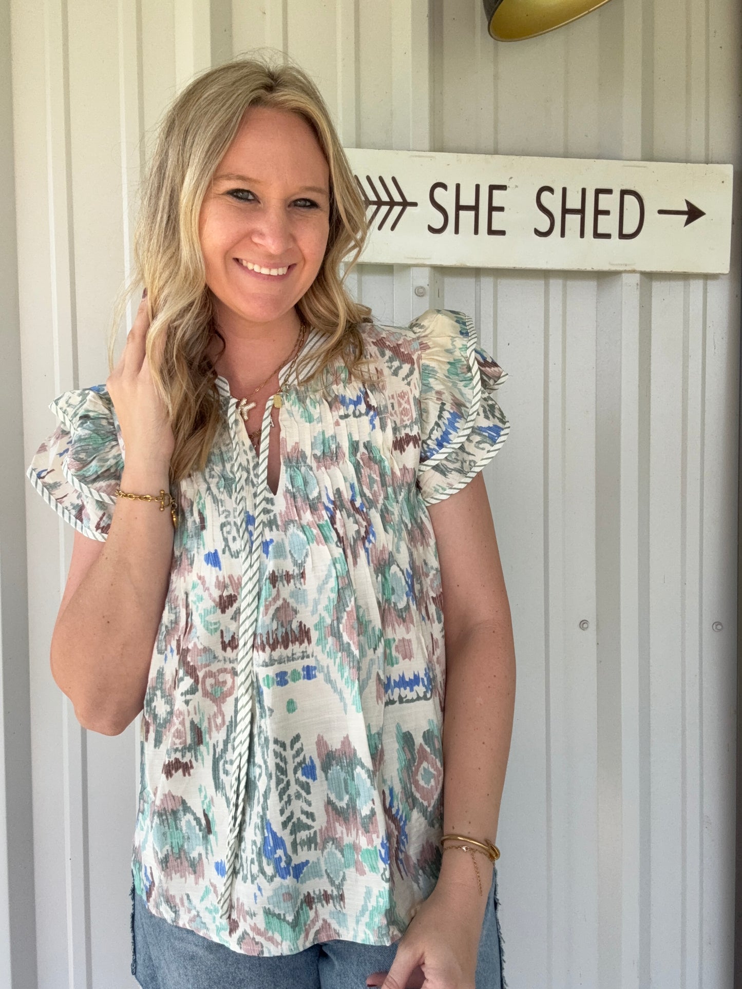 Multi color blouse with frill sleeves