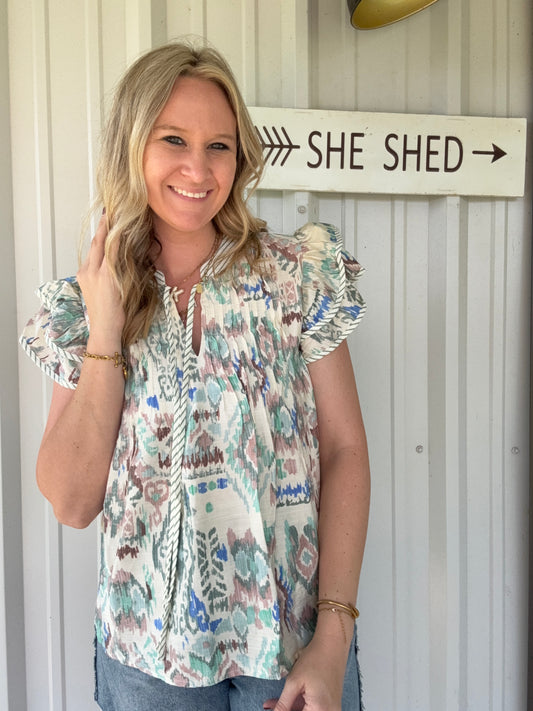 Multi color blouse with frill sleeves