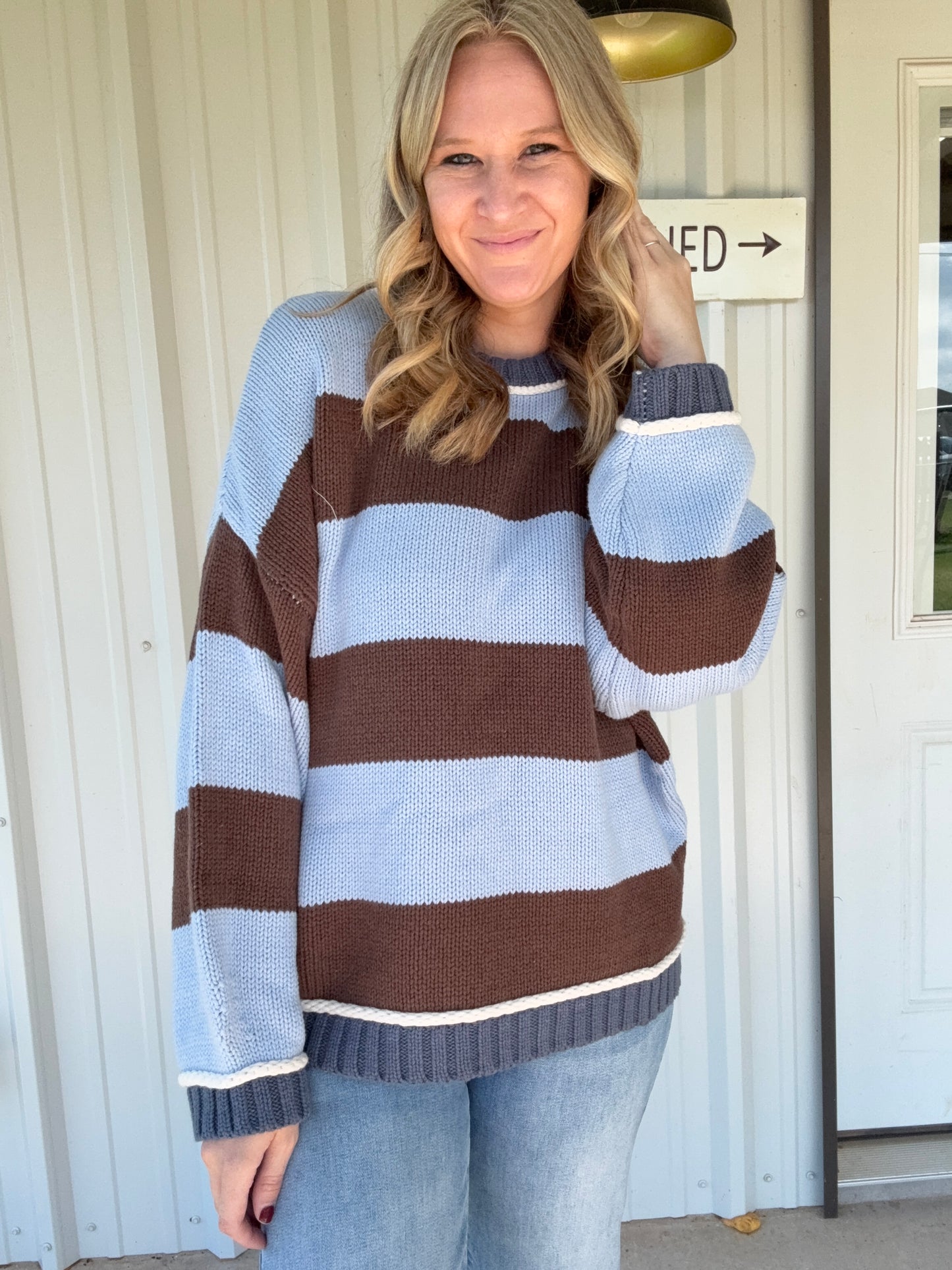Brown and Blue Striped Chunky Sweater