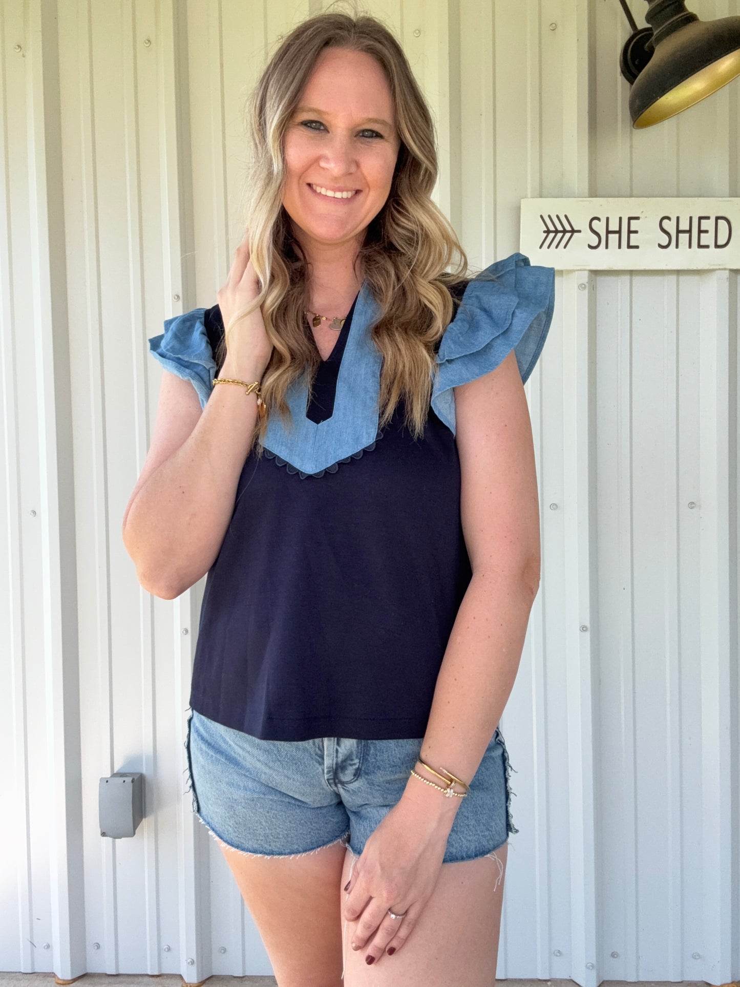 Navy Denim Detail Top
