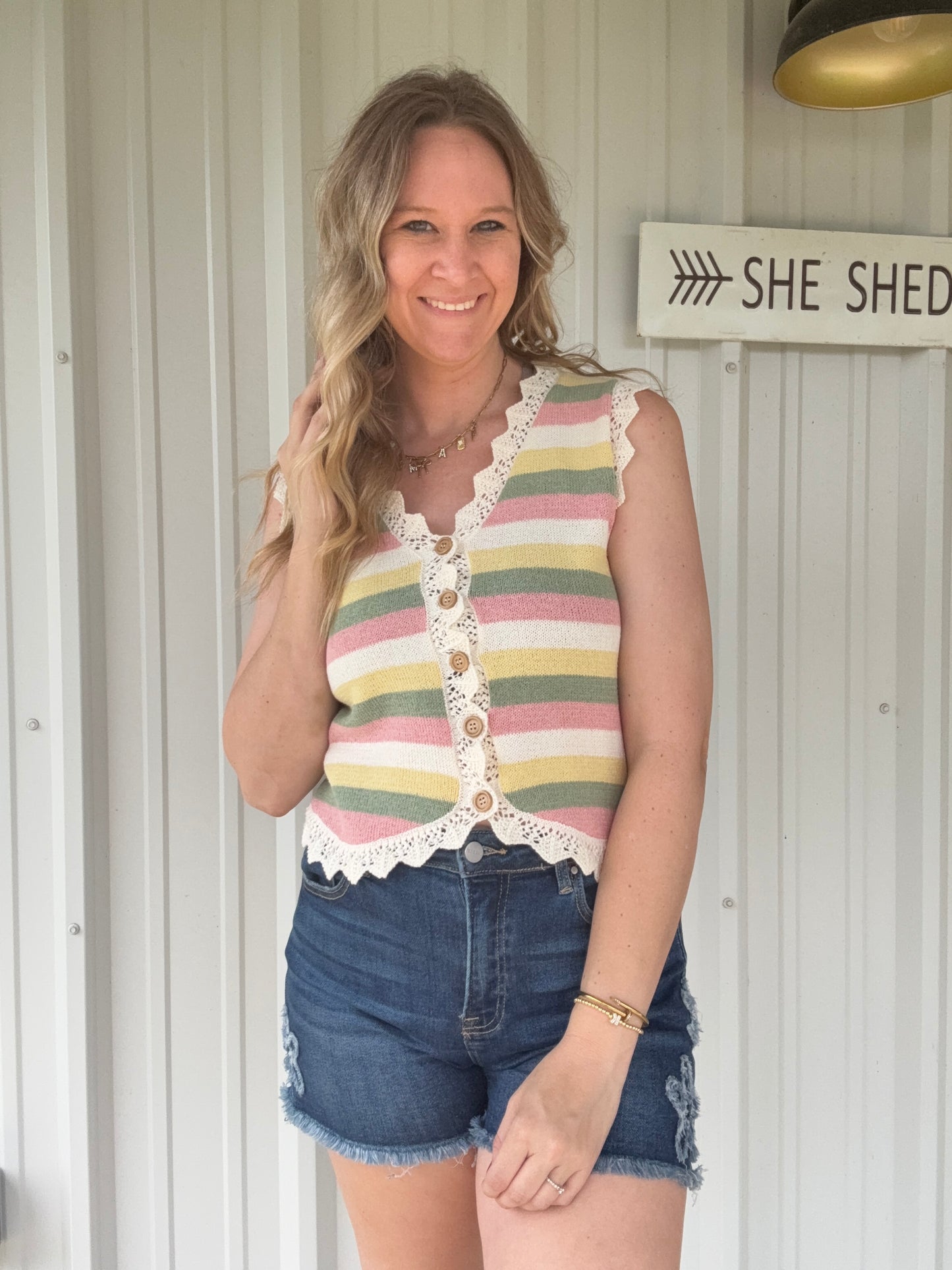Pink/green/yellow Stripe Lace Vest
