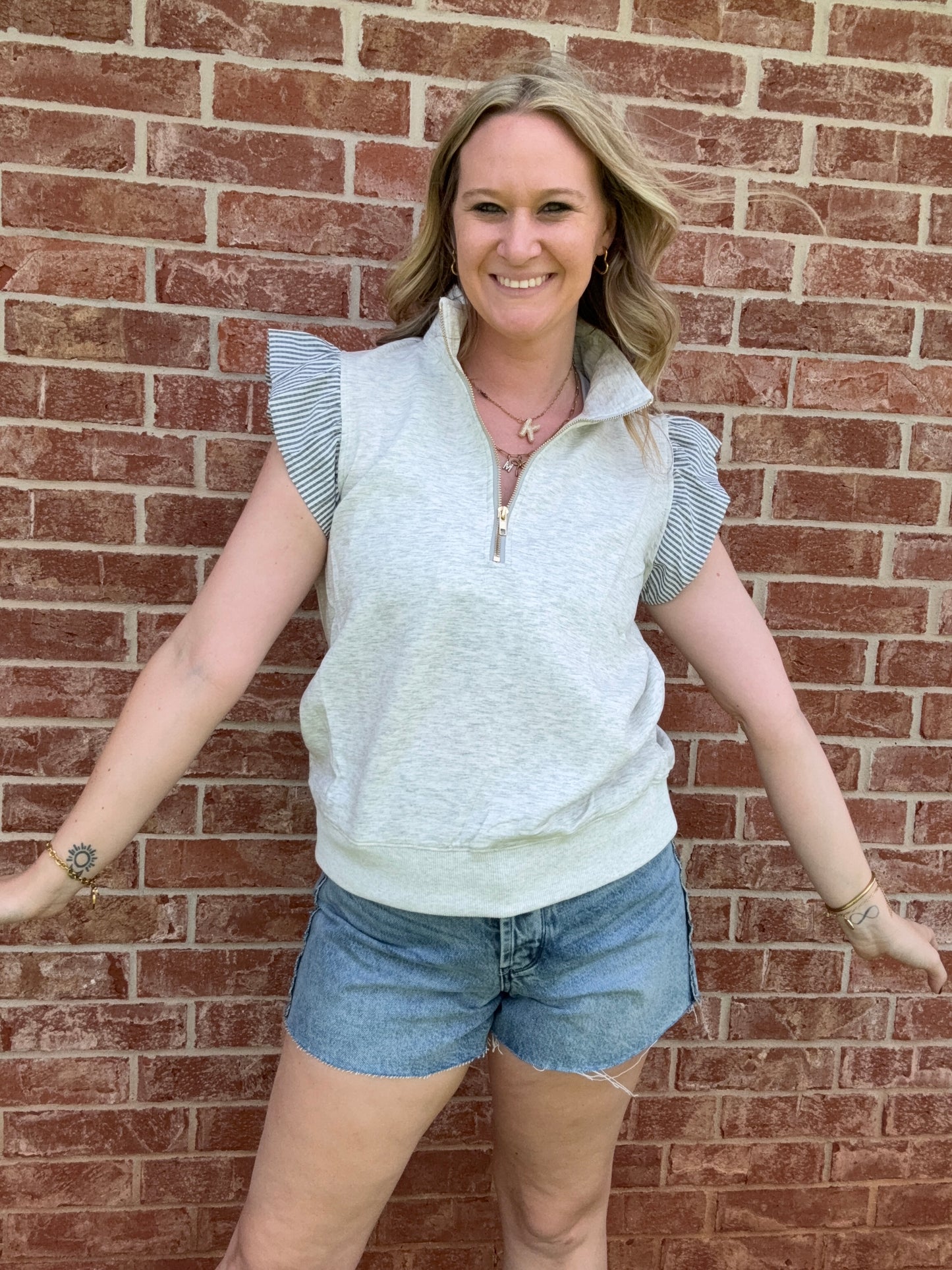 Gray Ruffle Quarter zip top
