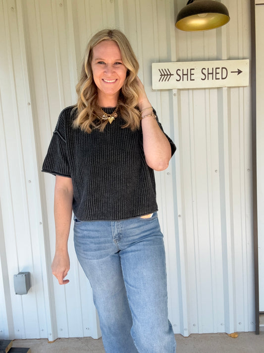 Charcoal short sleeve ribbed sweater