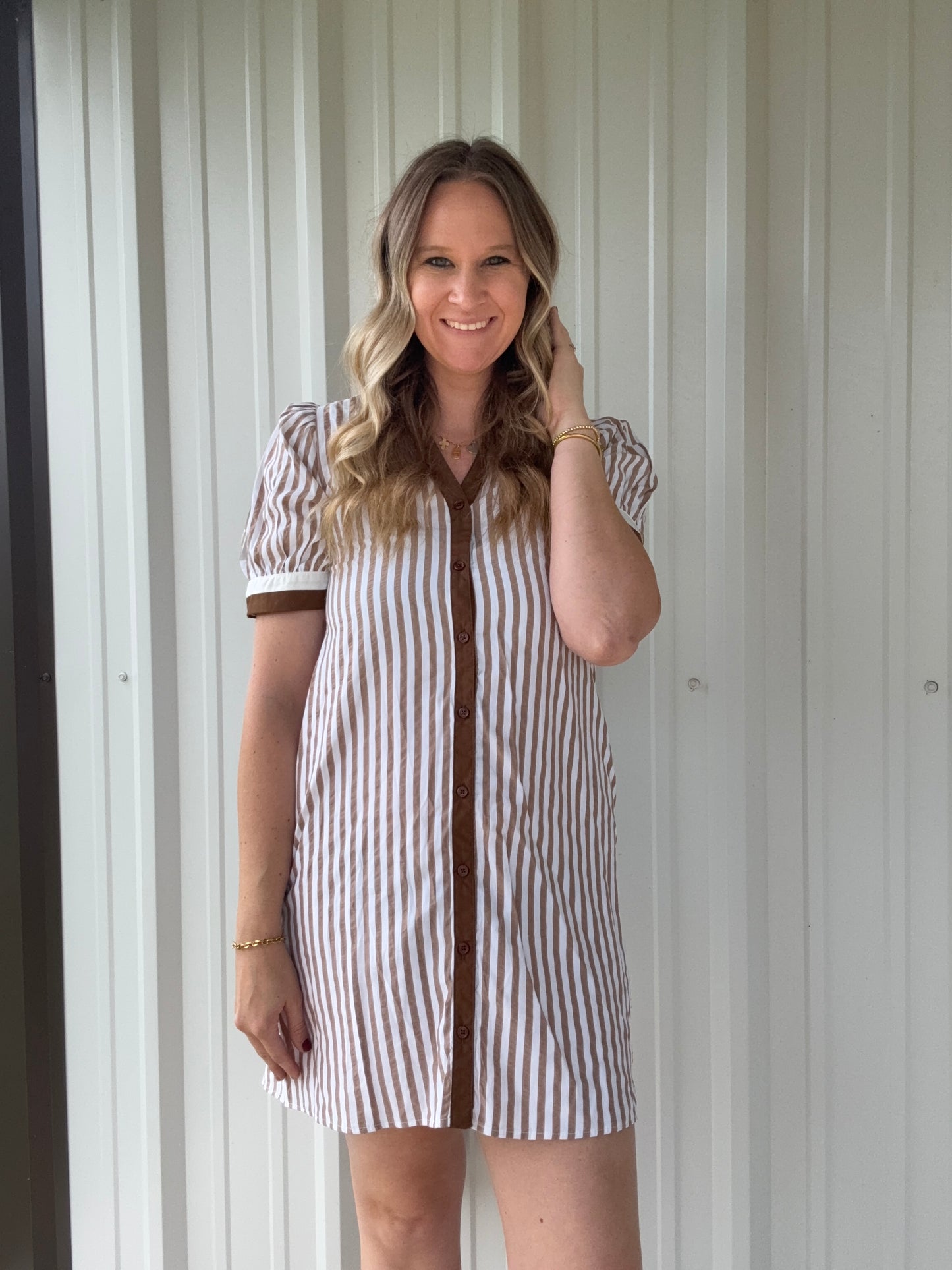 Brown Striped Ruffle Dress