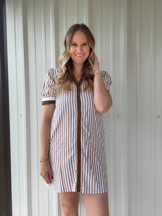 Brown Striped Ruffle Dress