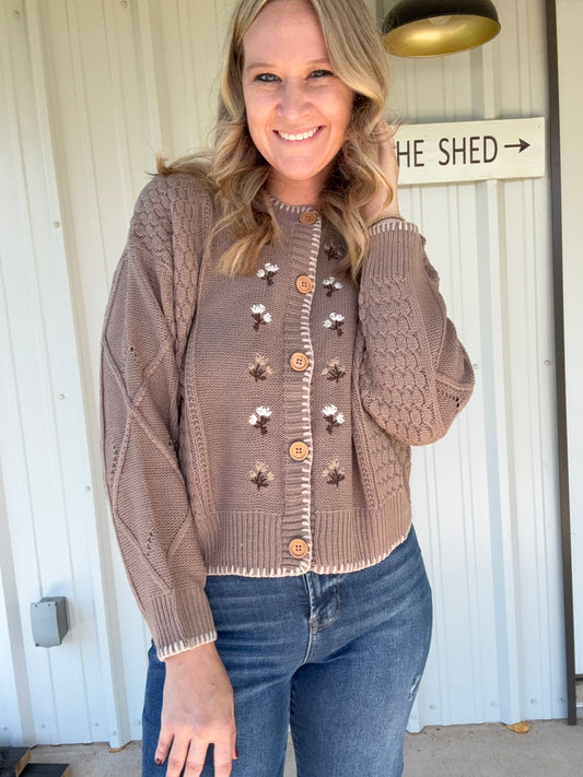 Brown Floral Embodied Cardigan