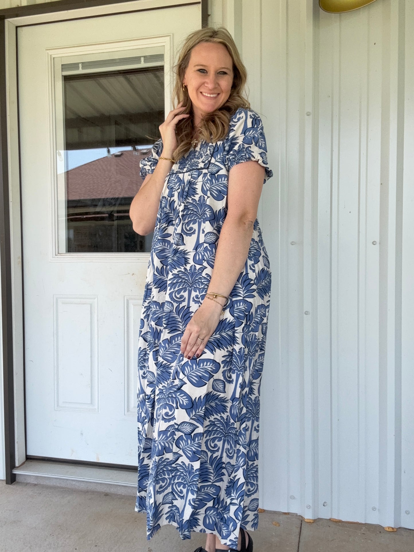 Blue/Cream smocked chest flower midi dress