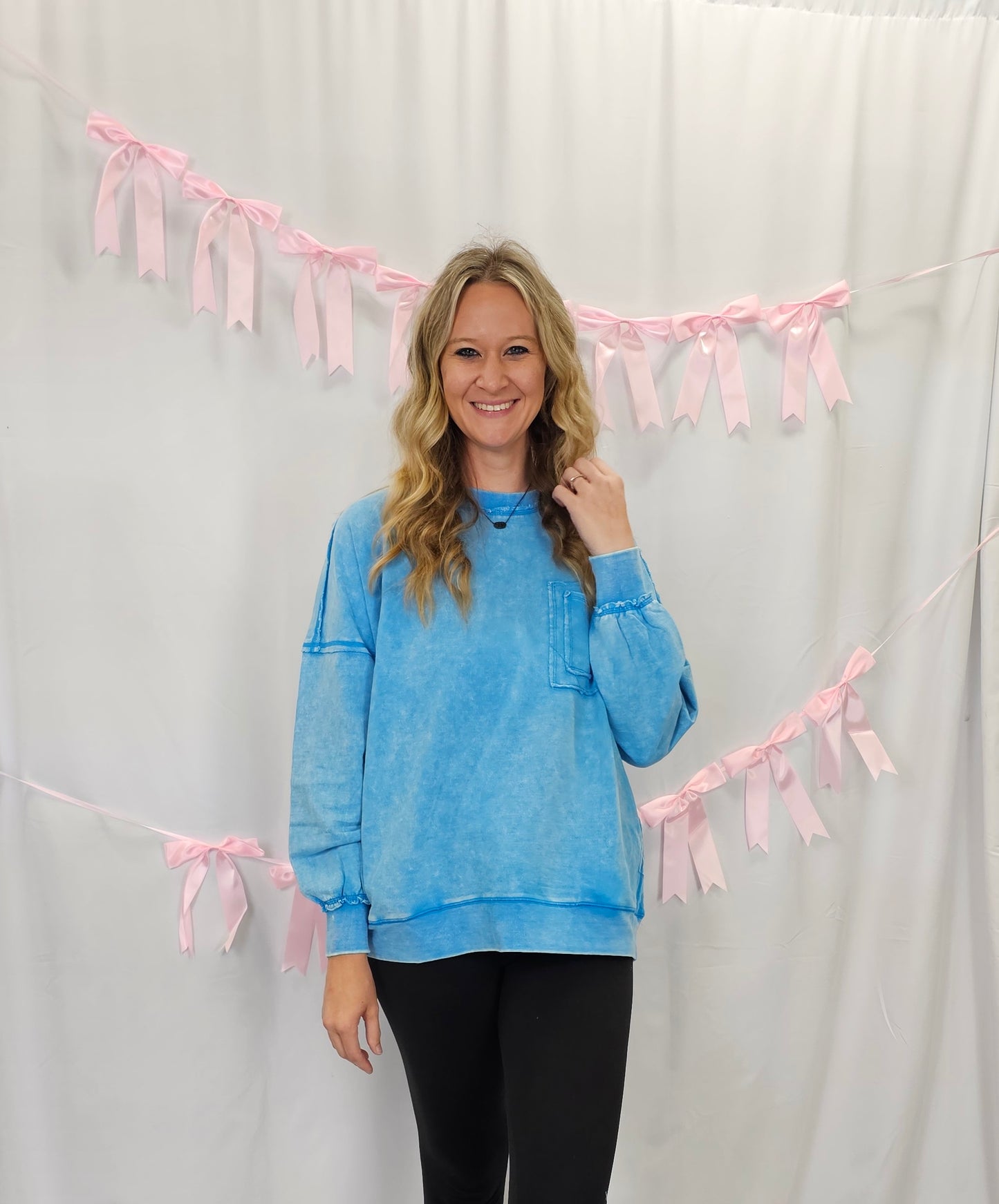 Acid Wash Raw Edge Blue Pullover