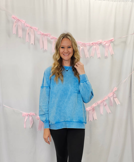 Acid Wash Raw Edge Blue Pullover