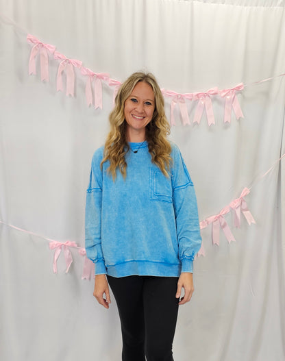 Acid Wash Raw Edge Blue Pullover