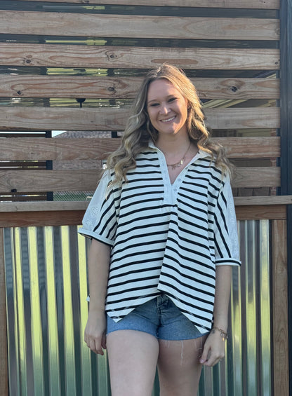 Black Stripe Lace Sleeve Top