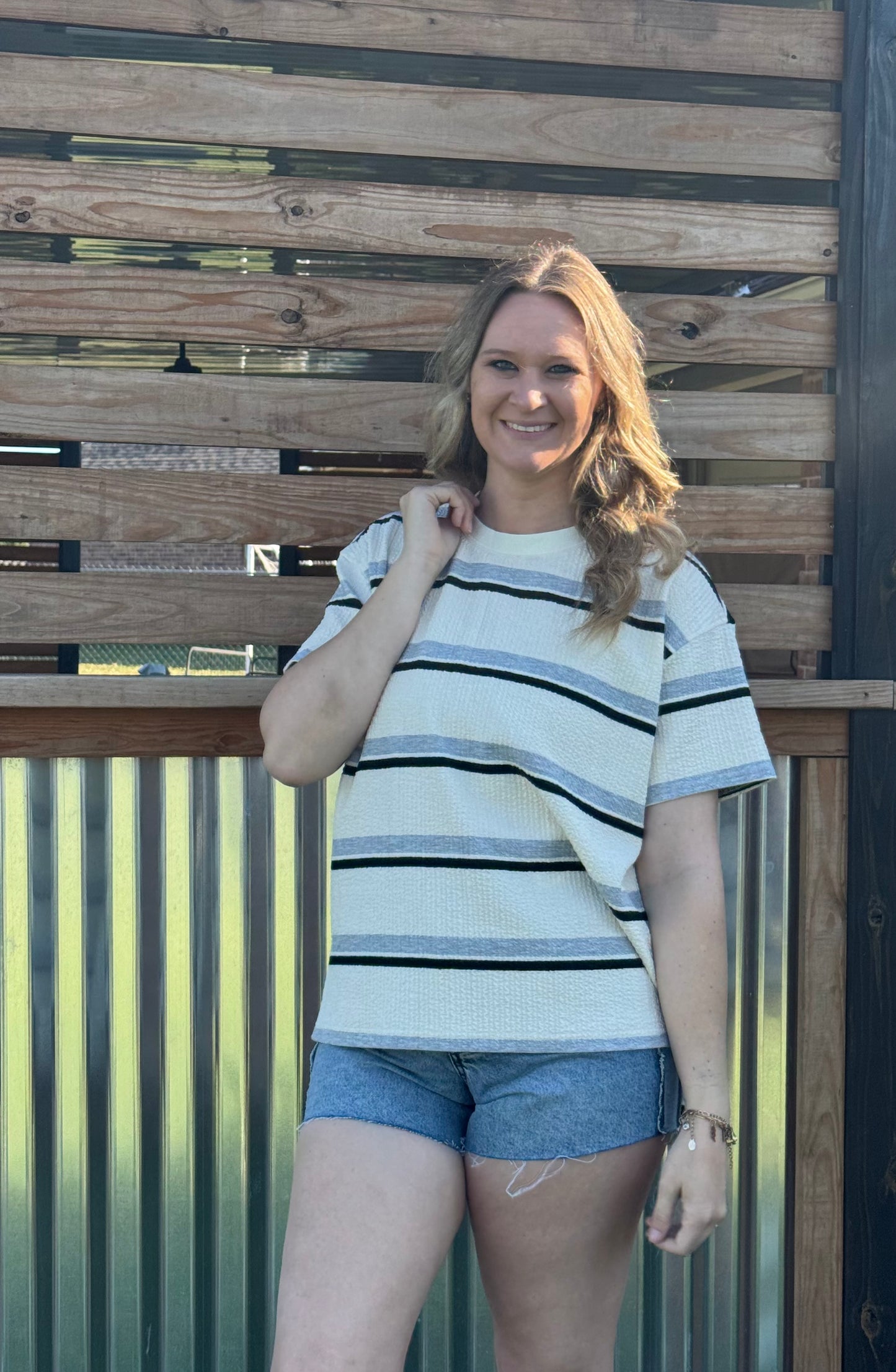 Black/Grey/White Striped Top