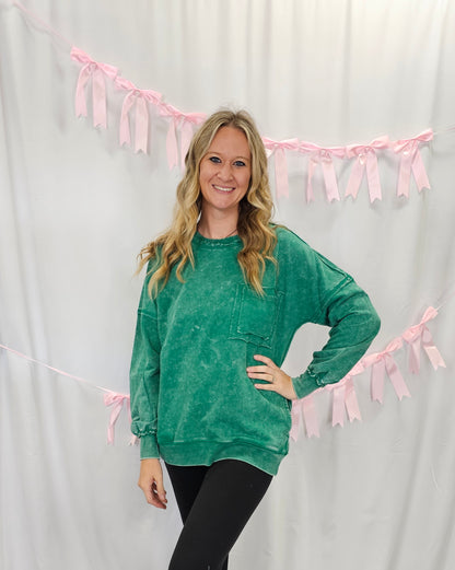 Acid Wash Raw Edge Light Green Pullover