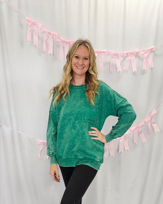 Acid Wash Raw Edge Light Green Pullover