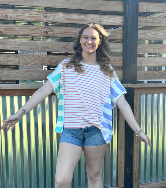 Pink Teal  Lilac Striped Top