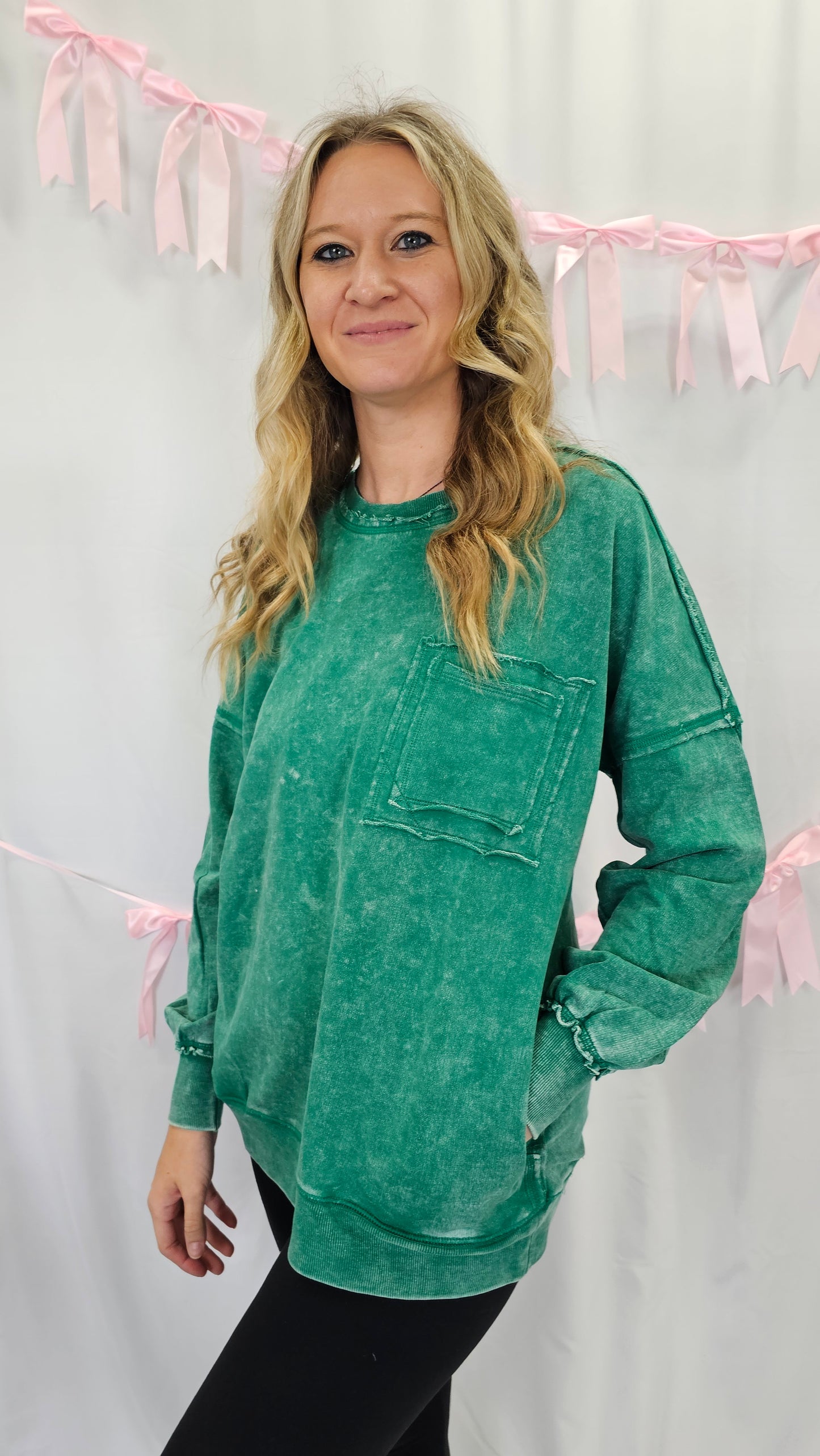 Acid Wash Raw Edge Light Green Pullover