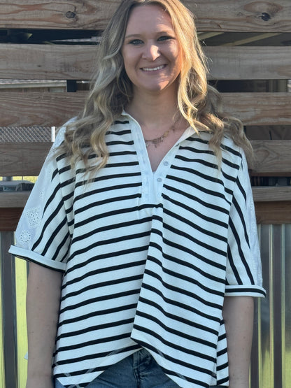 Black Stripe Lace Sleeve Top