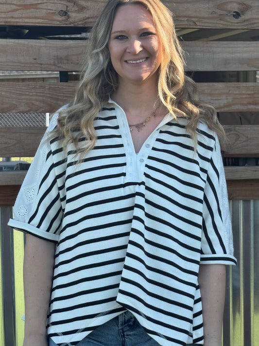 Black Stripe Lace Sleeve Top